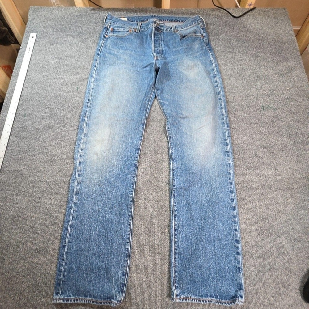 Levis Premium Jeans Mens 36x33 Blue Medium Wash Straight Distressed Denim